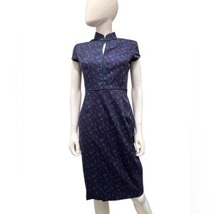 NWT- Shanghai Tang Navy Floral Silk Qipao Mandarin Sheath Midi Dress. Size S